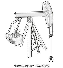 Oil extraction pump. Outlined oil well industry production, oilfield equipment. Mining equipment typical of Texas and USA. Industrial self-propelled machine. Isolated master wire vector illustration.