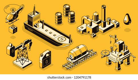 Oil extraction and refinery, petroleum industry transport, objects and buildings line art, isometric vectors set. Gasoline producing icons collection with oil platform, plant and tanker illustrations