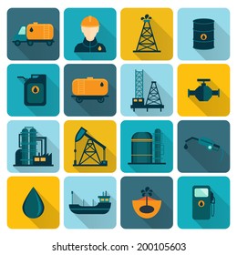 Oil extraction refining and petroleum production industry with tanker transportation ship symbols icons set flat vector illustration