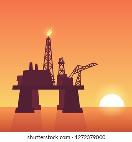 Oil extraction rig on sunset. Offshore drilling platform silhouette on ocean sky background. Vector illustration.
