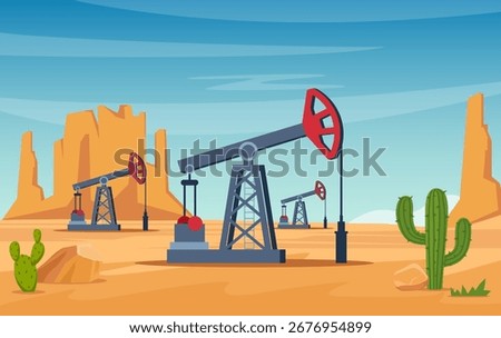 Oil extraction rig In the Texas desert background. Oil pumpjack icon. Crude derrick oilfield industry.