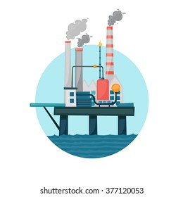 Oil Extraction Sea Platform In The Circle. Flat Design Vector Illustration.