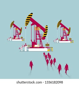 Oil extraction, team work concept. Isolated on blue background.