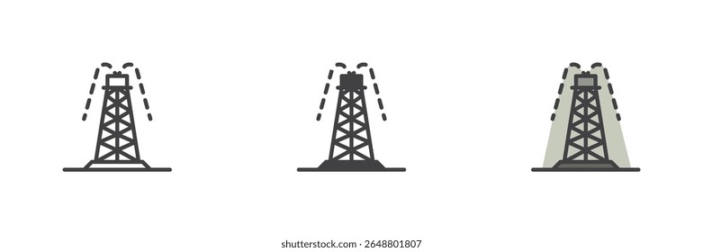 Ícone da torre de extração de óleo definido em linha, contorno preenchido e estilo de glifo sólido. Símbolo da plataforma de perfuração na indústria petrolífera. Pacote de ícone de vetor colorido para operações petrolíferas.