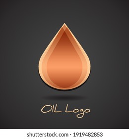 Oil falling drop logo in bronze color on black background. Vector spa oil icon of beauty salon. Industrial liquid symbol of energy and power for company. Modern volumertic design style.