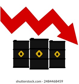 oil falling price illustration. gasoline fall price. oil barrel red arrow down flat vector illustration clip art