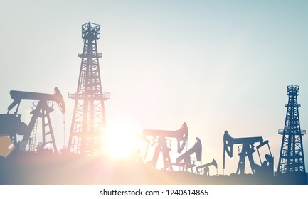 Oil field with derricks and pumpd over blue sky background. Vector illustration.