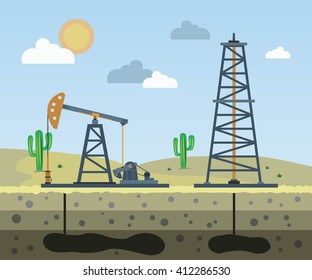 Oil field on the background of the desert. Vector illustration.