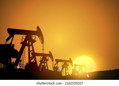 Oil field over sunset. Vector illustration. Gas industry. Dark silhouette drilling rig.