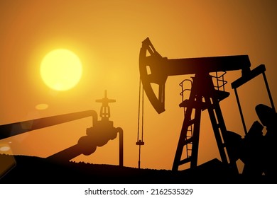 Oil field over sunset. Vector illustration. Gas industry. Dark silhouette drilling rig.