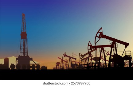 Oil field, pump jack. Land crude oil drilling rig, derrick, pumpjack. Background colorful sky. Gas. Onshore production, industry, business. Silhouette, horizon, desert, dune. Vector illustration