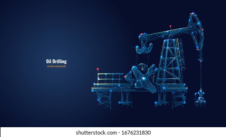 Oil fields concept. Oil drilling derricks at desert oilfield for fossil fuels output and crude oil production from the ground. Low poly wireframe vector illustration. Oil drill rig and pump jack.