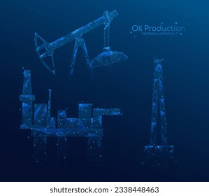 Oil fields concept. Oil drilling derricks at desert oilfield for fossil fuels. Low poly wireframe vector illustration EPS10.
