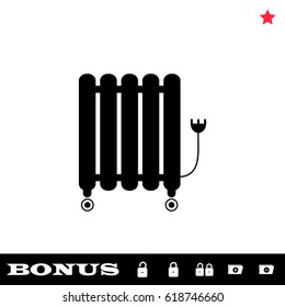 Oil filled radiator heater icon flat. Black pictogram on white background. Vector illustration symbol and bonus button open and closed lock, folder, star