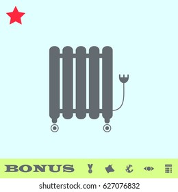 Oil filled radiator heater icon flat. Grey pictogram on blue background. Vector illustration symbol and bonus buttons medal, cow, earth, eye, calculator