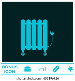 Oil filled radiator heater icon flat. Blue pictogram on dark background. Vector illustration symbol and bonus icons