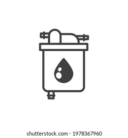 Oil filter icon. A simple line drawing of an oil purification filter. Metal case. Oil inlet and outlet on top of the filter. Isolated vector on pure white background.