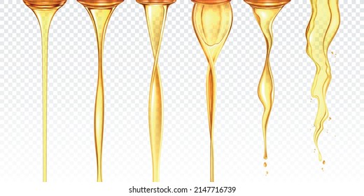 Oil flow realistic set with isolated vertical streams of yellow liquid different shapes on transparent background vector illustration