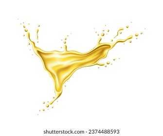 Oil flow splash with drops. Isolated realistic 3d vector liquid burst of color and energy, capturing the essence of dynamic motion and creativity. Juice, honey, fuel or fruit drink chaotic explosion