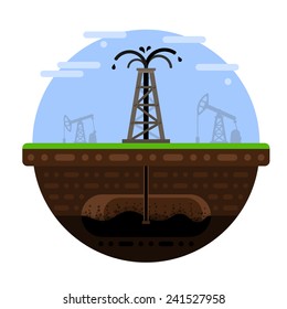 Oil fountain from a rig. Process of oil extraction from an oilfield.