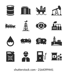 Aceite, íconos de combustible. Industria petrolera. Extracción de un recurso fósil, transporte, uso. Icono blanco y negro monocromo.