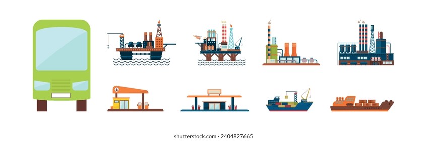 Oil and Fuel Resources Industrial Production Vector Set