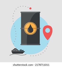 Oil fuel transportation illustration, banner, gasoline barrel cargo ship advertisement concept, fossil fuel export sign, supply and demand marketing vector, isolated on background.