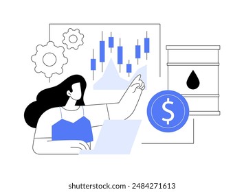 Ilustración vectorial abstracta del concepto del comercio de futuros de petróleo. El comerciante que analiza los futuros del petróleo, la industria del gas, el mercado de valores del petróleo, la inversión monetaria, alimenta el crecimiento financiero metáfora abstracta.