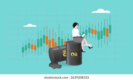 oil and gas asset management to get a lot of income, strategy to manage oil stock investments, businesswoman investor sitting on oil barrel while using a laptop to manage his oil stock investments