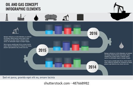 Oil and gas concept infographic design elements with pipeline road and transparent cylinder oil tanks. Oil and gas icons.