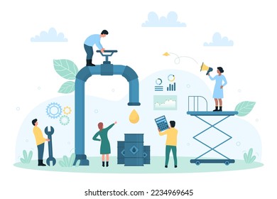 Oil and gas consumption, production and natural resource extraction vector illustration. Cartoon tiny people work, control oil and gas pipeline, open faucet valve on pipe to drip gold droplets