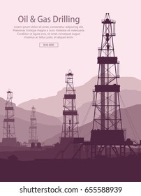 Oil and Gas Drilling Rigs over mountains view. Detail vector illustration.