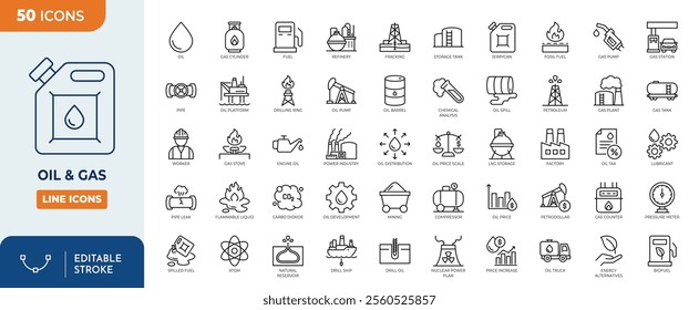 Oil and Gas editable icon set. Containing fuel, refinery, petroleum, oil well, gas pump, offshore platform, lubricant, oil barrel and more. vector illustration