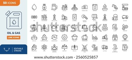 Oil and Gas editable icon set. Containing fuel, refinery, petroleum, oil well, gas pump, offshore platform, lubricant, oil barrel and more. vector illustration