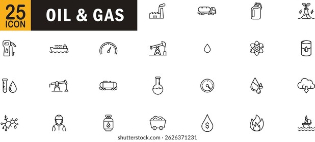 Oil and gas editable outline icon set. Petroleum refinery fuel drilling pipeline and more.