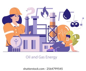 Oil and Gas Energy concept. Representation of industrial work in fuel production, featuring workers and refinery elements. Renewable alternative and fossil fuel industry dynamics. Vector illustration.