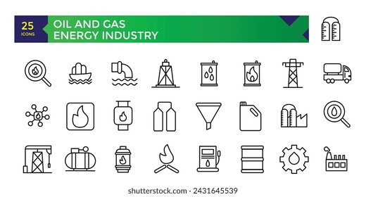 Conjunto de iconos de la industria de la energía del petróleo y del gas. Colección de iconos de esquema. Ilustración vectorial simple.