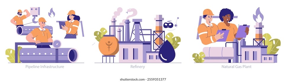 Oil and Gas Energy set. Workers operate machinery in pipeline, refinery, and natural gas plant scenarios. Infrastructure execution and monitoring. Vector illustration.