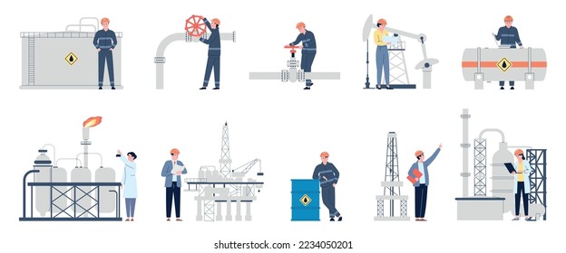 Öl-Gas-Ingenieure. Ingenieurraffinerie, Mineralölindustrie Fachleute. Brennstoff-Fabrik und Dienstleistungsunternehmen, Energie-neueste Vektorindustrie