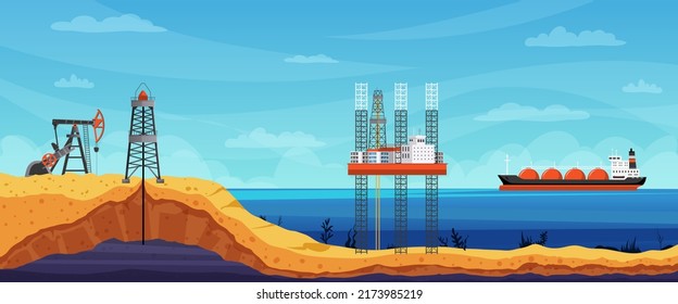 Oil And Gas Extraction Rigs. Concept Of Development Of Oil Field, Drill Oilfield Technology, Offshore Extracting Pump Tower Station At Sea, Ship Tanker, Rig Drilling Platform. Vector Illustration