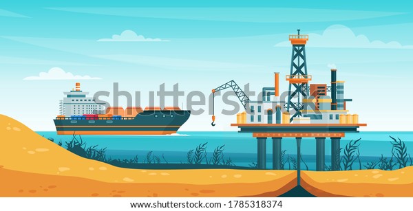 Oil gas extraction vector illustration. Cartoon\
flat drill oilfield technology, offshore extracting pump tower\
station at sea water, ship tanker passing to rig drilling platform\
infographic poster