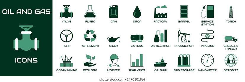 Conjunto de iconos de petróleo y gas. La colección contiene la válvula, el matraz, la lata, la gota, la fábrica, el barril, la estación de servicio, la antorcha, la solapa, el refinamiento, el aceite, la cisterna, la destilación y otros iconos.