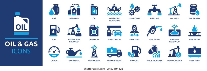 Conjunto de iconos de Petróleo y Gas. Contiene combustible, refinería, petróleo, pozo de petróleo, bomba de gas, plataforma offshore, lubricante, barril de petróleo y más. Iconos de vector sólido colección.