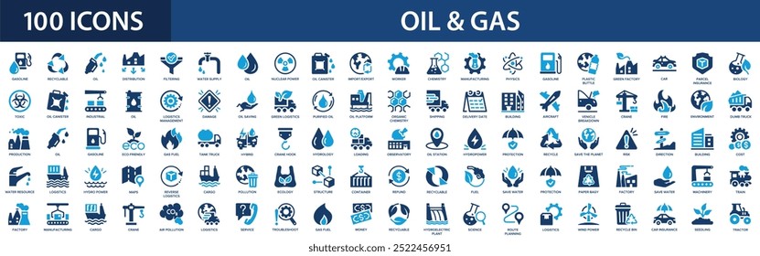 Conjunto de iconos de petróleo y gas. Combustible, industria, plataforma offshore, refinería, petróleo.