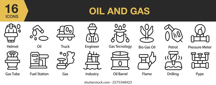 Oil And Gas icon set. Includes industry, gas, oil, energy, refinery, factory, and More. Outline icons vector collection.