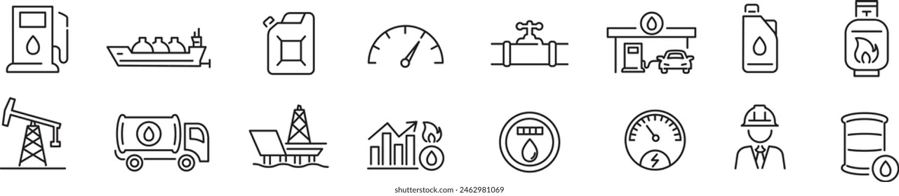 Oil, Gas icon set. gas, industry, oil well, fuel, canister, 
tanker, petroleum. editable stroke icons collection illustration vector.