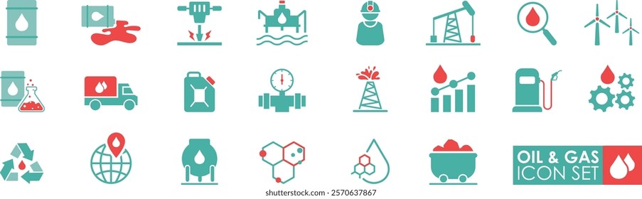 Oil and Gas Icon set solid stylet. Oil, gas, refinery, offshore platform, petroleum, lubricant, oil barrel, and gas pump