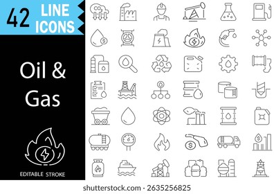 Oil and Gas icons collection. Containing fuel, refinery, petroleum, oil well, gas pump, offshore platform, lubricant, oil barrel and more. Solid vector icons collection.
