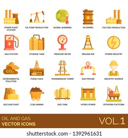 Oil and gas icons including power plant station, pump, global warming, barrel, factory, tank, pressure meter, drilling rig, industry, pollution, fossil fuels, transmission, pipeline, worker, nuclear.