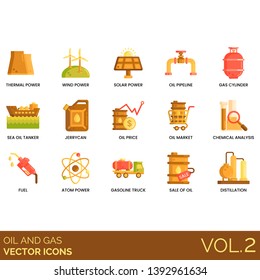 Oil And Gas Icons Including Thermal Power, Wind, Solar, Pipeline, Cylinder, Sea Tanker, Jerrycan, Price, Market, Chemical Analysis, Fuel, Atom, Gasoline Truck, Sale, Distillation.